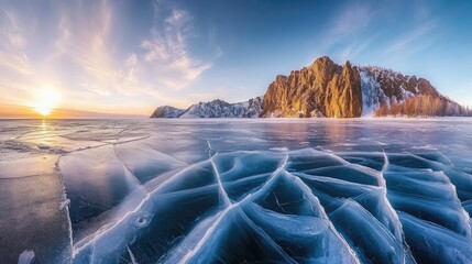 Poster - A frozen lake with cracks forming mesmerizing blue patterns.
