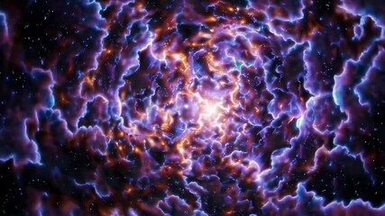 Poster - Vivid cosmic nebula with swirling purple and blue clouds contrasted by bright stars, capturing the ethereal beauty of the universe. Outer space exploration and mystery concept