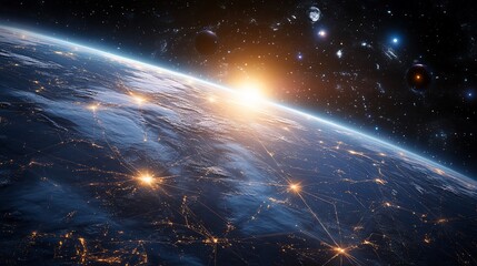 Wall Mural - Earth view from space with sunrise and galaxy in the background with city lights