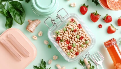 Wall Mural - Embrace a Vibrant Wellness Lifestyle Concept with a Meal Prep Container Filled with Healthy Ingredients Discover easy ways to prioritize nutrition with delicious recipes packed in convenient