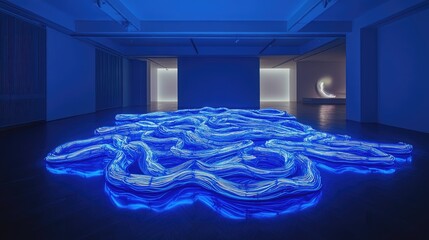 Leinwandbilder - Abstract blue neon light waves in a dark room.