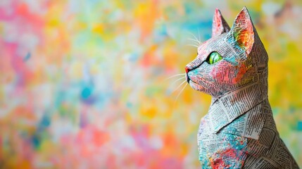 Fototapete - Vibrant abstract background behind a folded newspaper cat sculpture, close-up portrait photography, deep textures, stunning realism