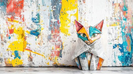 Fototapete - Vibrant abstract background behind a folded newspaper cat sculpture, close-up portrait photography, deep textures, stunning realism