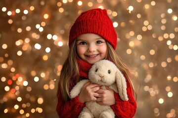 Wall Mural - A young girl in winter attire holds a bunny puppet, with a Christmas tree and twinkling lights in the background