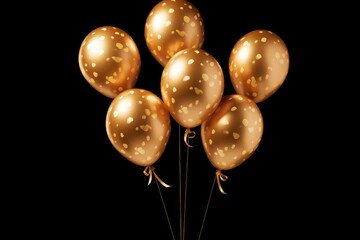 Wall Mural - Shiny gold balloons bunch floating on black background. Elegant party decorations for luxury celebration. Anniversary, birthday, wedding decoration concept