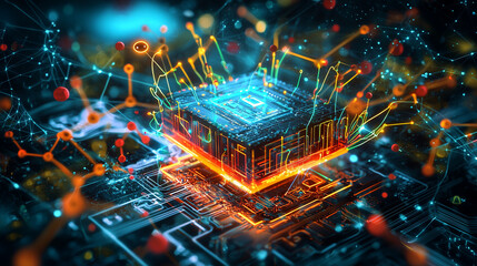 Poster - A glowing CPU sits on a circuit board, connected by vibrant energy lines resembling neural networks