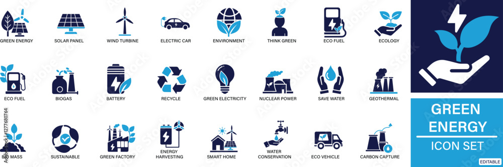 Green energy icon set Solar Panel, Wind Turbine, Hydropower, Geothermal ...