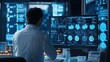 © CStock - A researcher in a lab coat analyzes medical data on high-tech screens, exploring complex brain imagery and health metrics with advanced technology.