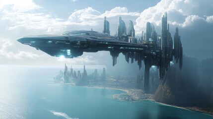 Poster - A flying futuristic city above an alien ocean, merging two worlds.