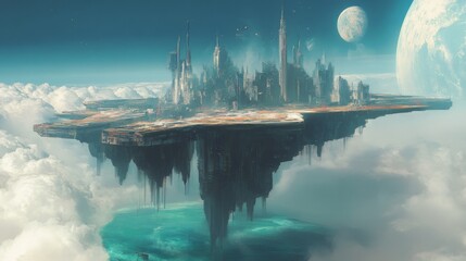 Poster - A flying futuristic city above an alien ocean, merging two worlds.