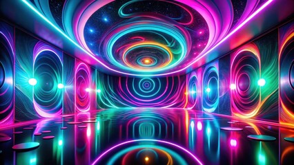 Wall Mural - Vibrant Neon Chamber with Cosmic Ceiling and Reflective Floor, Ideal for Futuristic or Abstract Designs