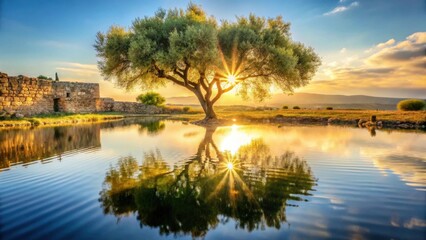 Wall Mural - Serene Sunset Reflection Ancient Stone Structure and Majestic Tree by Tranquil Water