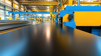Poster - A modern industrial workspace featuring machinery and equipment for processing materials, with a focus on a sleek black surface.