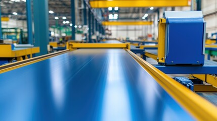 Poster - A conveyor belt system in a modern industrial setting, showcasing a bright blue surface and streamlined design for efficient material handling.