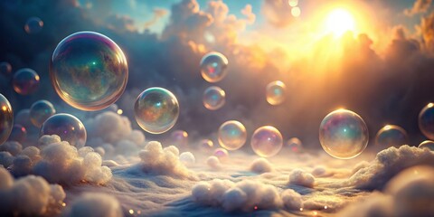 Wall Mural - Ethereal Bubbles Drifting Across a Dreamlike Landscape of Soft Foam Under a Golden Sunset