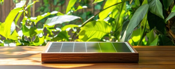 Sustainable energy solution with solar panel on wooden surface and lush green foliage background in bright sunlight