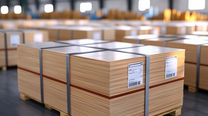 Poster - A warehouse filled with neatly stacked wooden pallets, showcasing organized rows of wooden sheets ready for distribution.