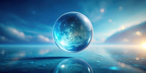 Wall Mural - A Celestial Orb Hovers Above a Tranquil, Reflective Surface, Encapsulating a Miniature Cosmos Within Its Shimmering, Transparent Shell