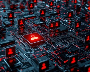 Poster - Digital Network of Red User Icons on Circuit Board