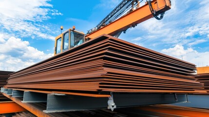 Poster - A crane lifts stacked steel plates under a blue sky, showcasing industrial equipment and structural materials.