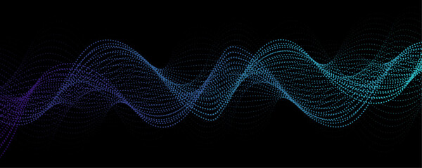 Poster - Abstract background design with wavy line pattern in bright blue & black background. Blue technology sound wave flow concept. Blue particle wave of Network connection Cybernetics in Dark Background