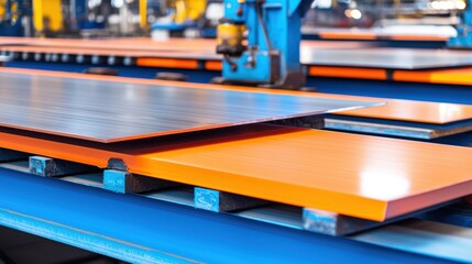 Poster - A vibrant industrial scene featuring stacked metal sheets on conveyors, showcasing a blend of colors and materials in a manufacturing setting.