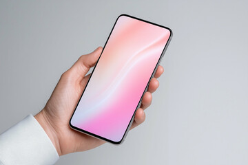Poster - Smartphone in Hand showcasing Technology with Pink Screen. Person holding smartphone with pink screen in hand. Modern technology held in hand