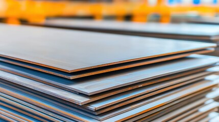 Poster - A close-up of stacked steel sheets, showcasing their smooth surface and metallic finish in a warehouse setting.