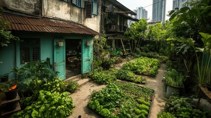 Canvas Print - A lush garden surrounds a rustic house, featuring various plants with high-rise buildings in the background, blending nature and urban life.