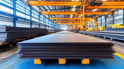 Poster - The image shows a well-organized industrial space with stacked steel plates and bright orange overhead cranes in a spacious warehouse.