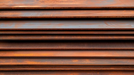 Poster - A close-up of layered, rusted metal sheets showcasing a rich texture and warm tones, highlighting the beauty of industrial decay.