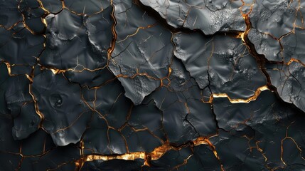 Poster - Cracked black surface with golden veins illuminated