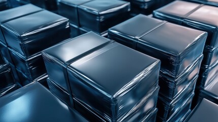 Poster - A close-up view of stacked, wrapped boxes, showcasing their smooth, glossy surfaces and uniform shapes, creating a visually striking pattern.