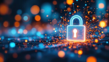 Fototapete - Glowing digital padlock with abstract data particles representing cybersecurity and data protection