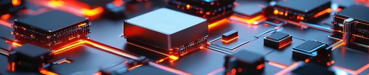 Poster - Futuristic Circuit Board with Glowing Microchips