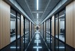 © Nusantara - Sleek office corridor with glass-walled meeting rooms and reflective floor
