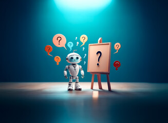 Wall Mural - a small robot stands beside an easel displaying a question mark. question bubbles float around it, s