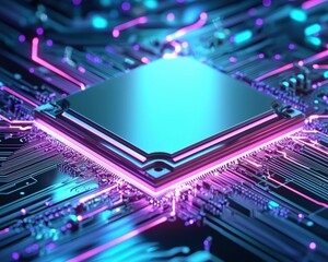 Poster - Futuristic Circuit Board with Neon Colors and Chip
