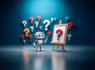 Wall Mural - a small white robot gestures towards a red question mark on an easel. multiple colorful question mar