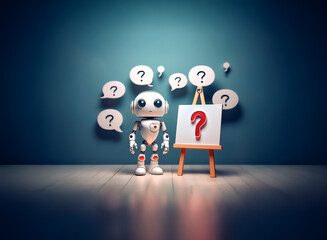 Wall Mural - a small, white robot stands next to a canvas with a large red question mark, surrounded by speech bu