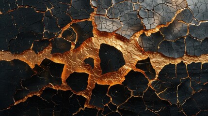 Poster - Abstract cracked surface with bright orange light and textured patterns