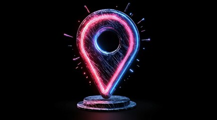 Fototapete - Glowing Neon Location Pin  3D Map Marker Icon  Digital  Abstract  Tech