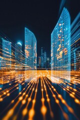 Poster - Futuristic Cityscape with Digital Data Flow Effects