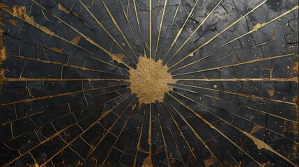 Poster - Abstract black and gold cracked surface with radiating lines in circular pattern