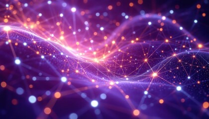 Fototapete - Dynamic purple and orange abstract digital network with glowing nodes and lines