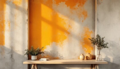 Poster - Minimalist interior design with rustic orange wall and wooden table decor