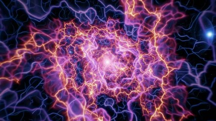 Poster - Neon spiral of vibrant electric threads in purple and yellow on a dark background, digital energy and motion concept