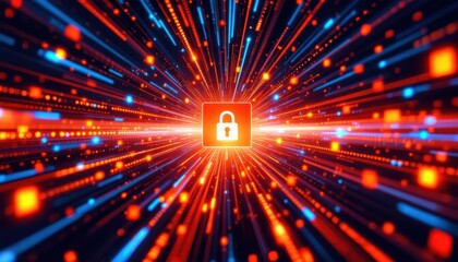 Fototapete - Cybersecurity concept with glowing lock icon and digital data particles