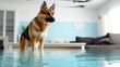 © Moopingz - German Shepherd dog standing in a flooded living room, looking concerned, with a damaged ceiling visible.