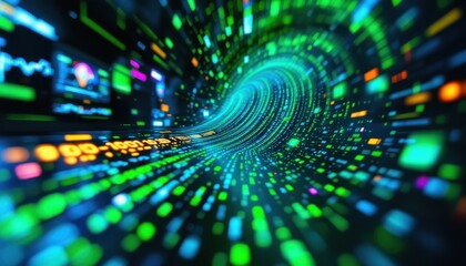 Fototapete - Futuristic digital data tunnel with colorful light patterns